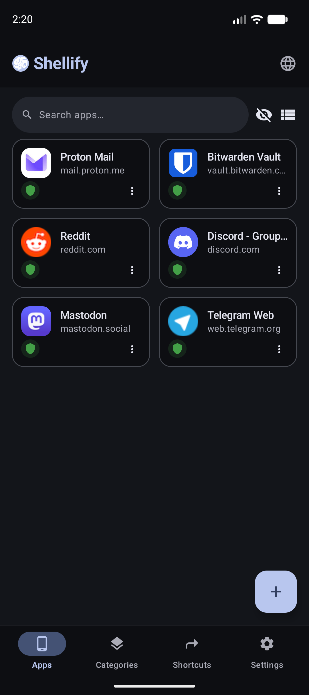 Shellify home screen — app grid with lock and ad-block indicators
